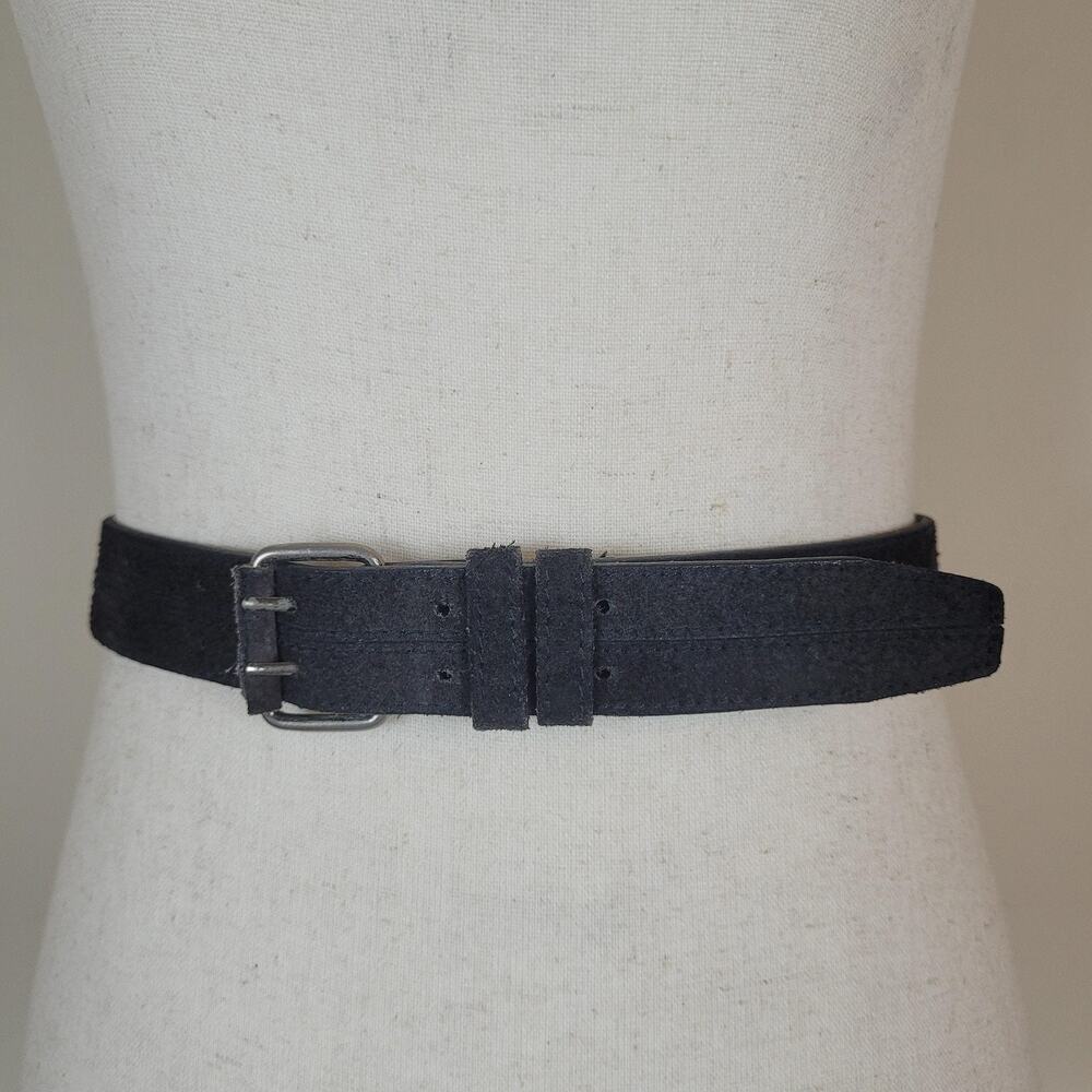 Vintage Matinique Belt Medium Black Suede Leather Triple Prong Buckle Casual 90s